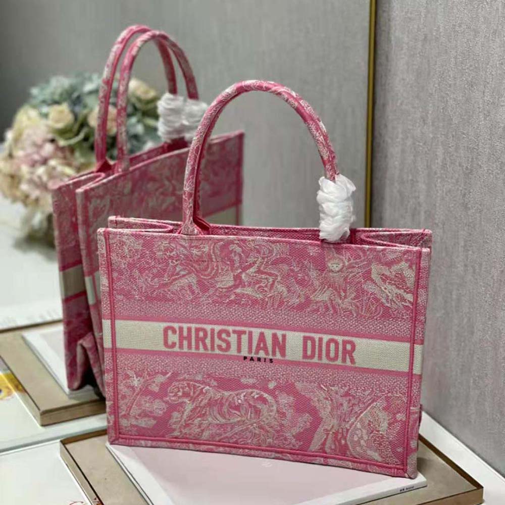 Christian Dior Book Toile de Jouy Motif Embroidery Canvas Tote Bag Pink