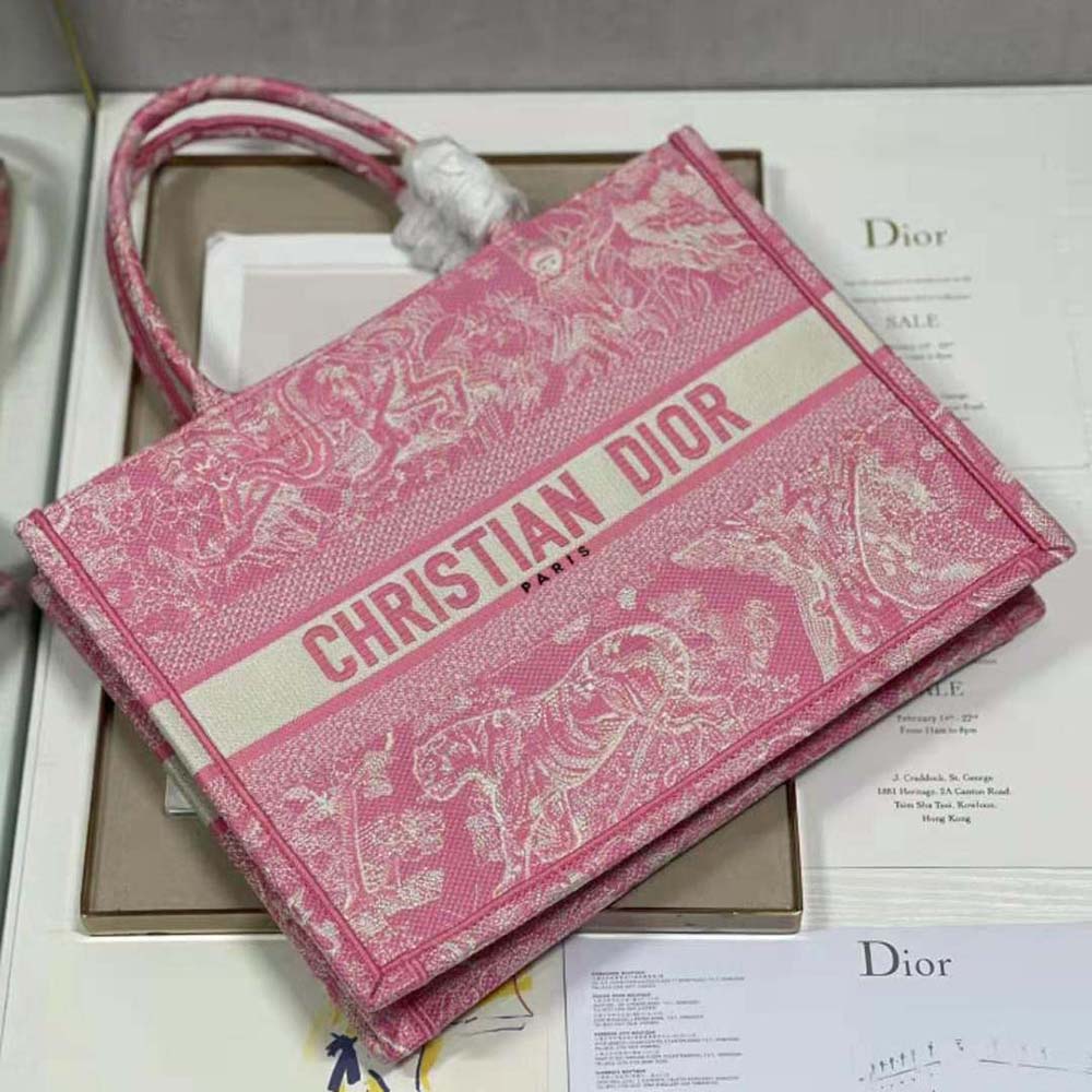 DIOR Medium Book Tote Pink Toile de Jouy Embroidery - Bellisa