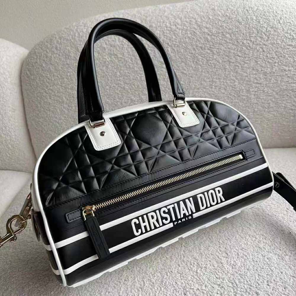 Christian Dior Black/White Cannage Quilted Leather Medium Vibe Bowling Bag