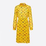 Dior Women Mid-Length Shirt Dress Yellow Silk Chiffon with Multicolor Dior Pixel Zodiac Motif