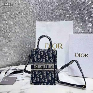 Dior Book Tote Mini Phone Bag Blue Dior Oblique Embroidery (13 x 18 x 5 cm)