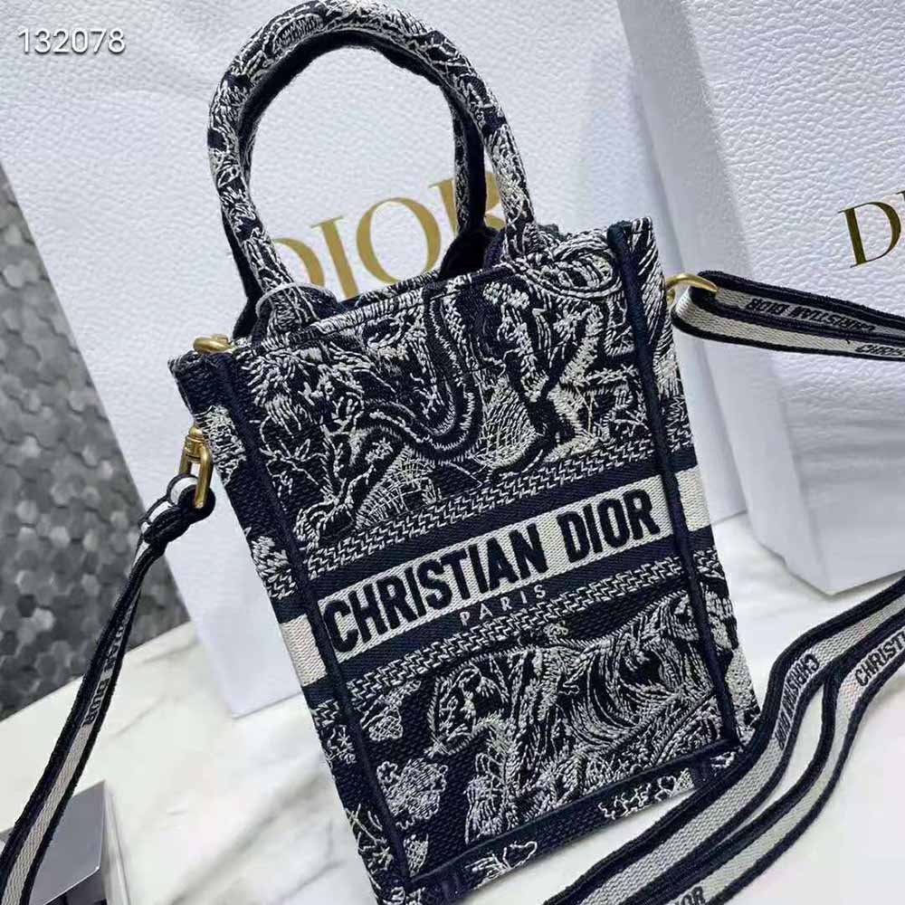 Dior Black Toile De Jouy Embroidery Canvas Mini Book Tote Phone Bag Dior