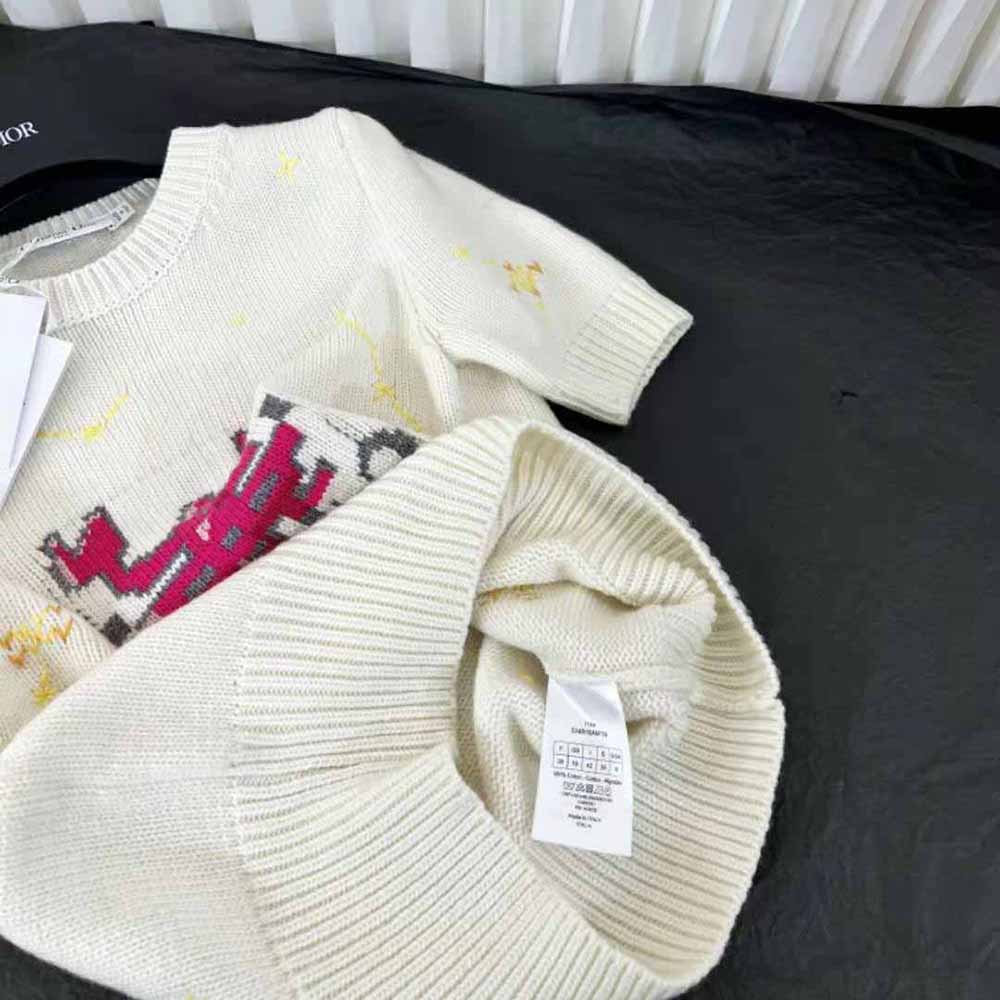 Dior Women Short-Sleeved Sweater Ecru Wool and Cashmere Knit with Dior Pixel Zodiac Motif 7 Dior Women Short-Sleeved Sweater Ecru Wool and Cashmere Knit with Dior Pixel Zodiac Motif - Image 7