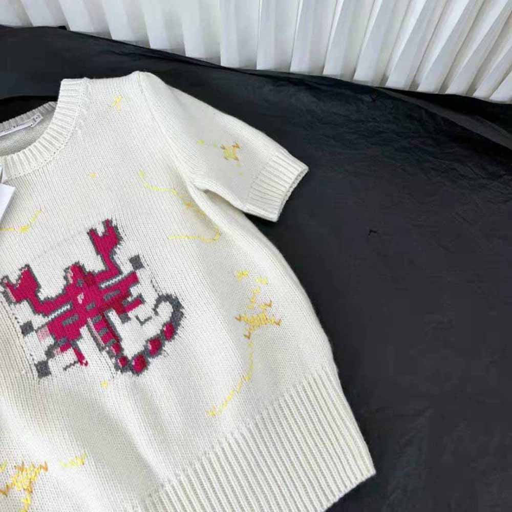 Dior Women Short-Sleeved Sweater Ecru Wool and Cashmere Knit with Dior Pixel Zodiac Motif 5 Dior Women Short-Sleeved Sweater Ecru Wool and Cashmere Knit with Dior Pixel Zodiac Motif - Image 5
