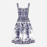 Dolce Gabbana D&G Women Bustier Midi Dress in Majolica-Print Poplin