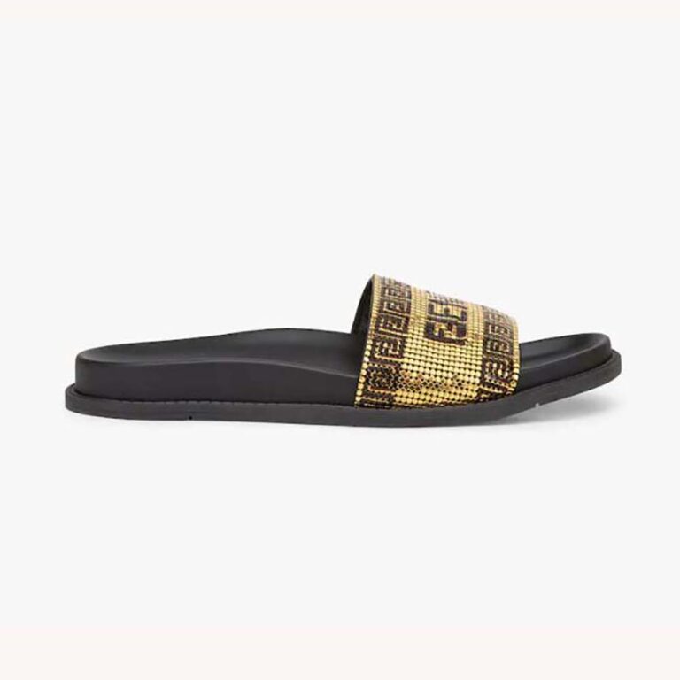 Fendi Women Signature Canvas and Brown Leather Slides