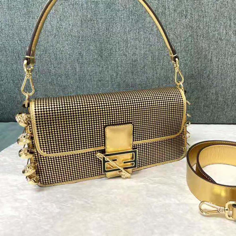 Fendi Women Baguette Brooch Fendace Bag in Gold Perforated Leather 2 Fendi Women Baguette Brooch Fendace Bag in Gold Perforated Leather - Image 2