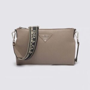 Prada Wome Leather Shoulder Bag with the Metal Lettering Logo on the Front-Brown