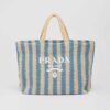 Prada Women Large Raffia Tote Bag with Embroidered Lettering Logo on the Front-Blue