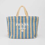 Prada Women Large Raffia Tote Bag with Embroidered Lettering Logo on the Front-Blue
