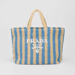 Prada Women Large Raffia Tote Bag with Embroidered Lettering Logo on the Front-Blue