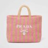 Prada Women Large Raffia Tote Bag with Embroidered Lettering Logo on the Front-Pink