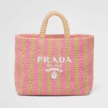 Prada Women Large Raffia Tote Bag with Embroidered Lettering Logo on the Front-Pink