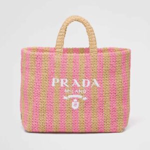 Prada Women Large Raffia Tote Bag with Embroidered Lettering Logo on the Front-Pink