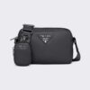 Prada Women Leather Shoulder Bag with Metal Lettering Logo-Black