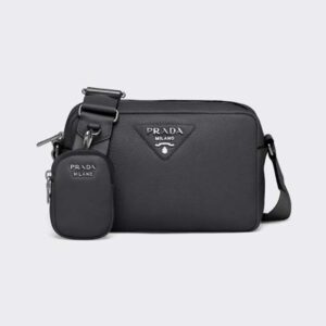 Prada Women Leather Shoulder Bag with Metal Lettering Logo-Black