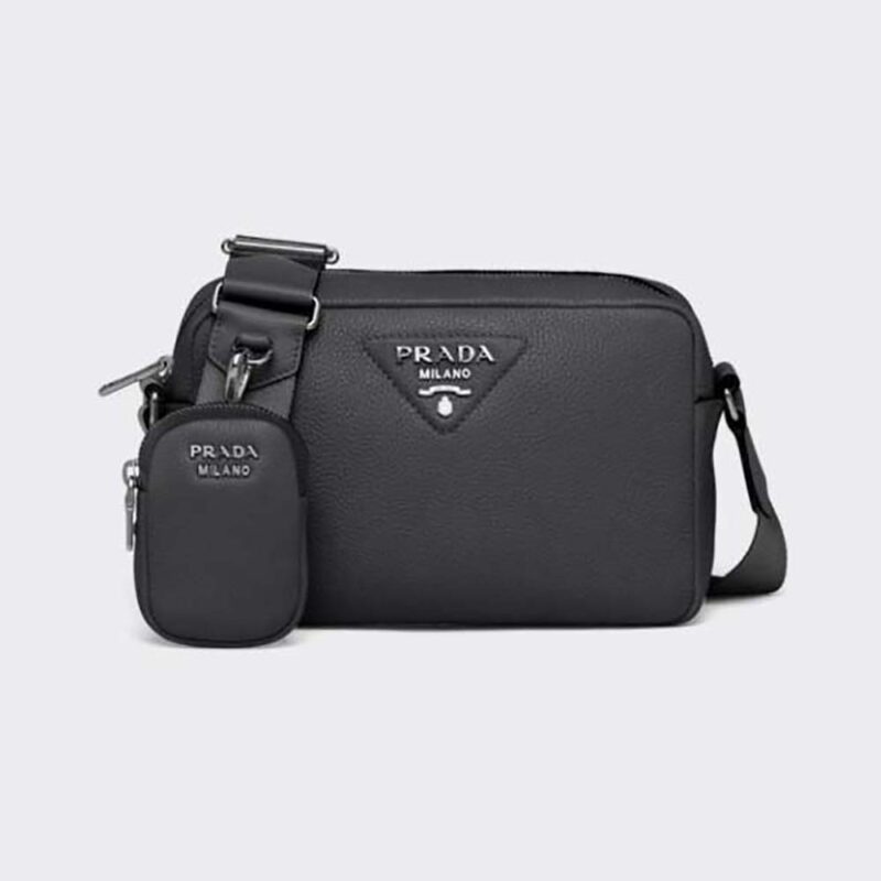 Prada Women Leather Shoulder Bag with Metal Lettering Logo-White