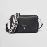 Prada Women Leather Shoulder Bag with the Gold Lettering Logo on the Flap-Black
