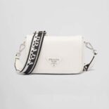 Prada Women Leather Shoulder Bag with the Gold Lettering Logo on the Flap-White