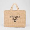 Prada Women Raffia Tote Bag with Embroidered Lettering Logo on the Front