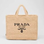 Prada Women Raffia Tote Bag with Embroidered Lettering Logo on the Front