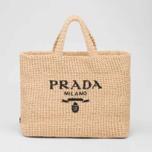 Prada Women Raffia Tote Bag with Embroidered Lettering Logo on the Front