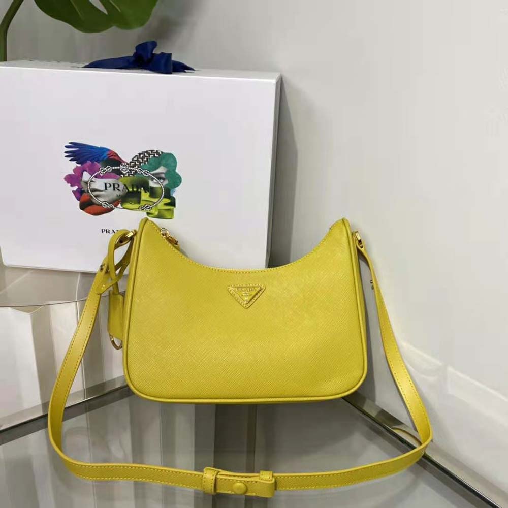 Prada Women Saffiano Leather Mini-Bag with the Metal Triangle Logo-Yellow 4 Prada Women Saffiano Leather Mini-Bag with the Metal Triangle Logo-Yellow - Image 4