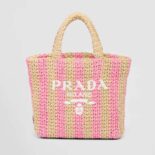 Prada Women Small Raffia Tote Bag with Embroidered Lettering Logo on the Front-Pink