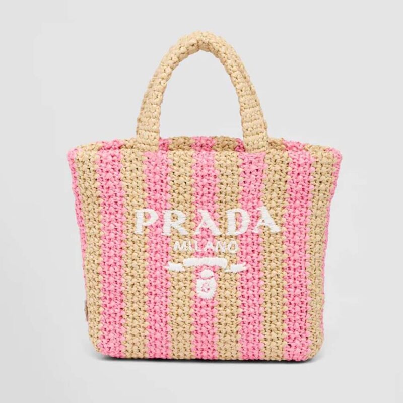 Prada Women Small Raffia Tote Bag with Embroidered Lettering Logo on ...