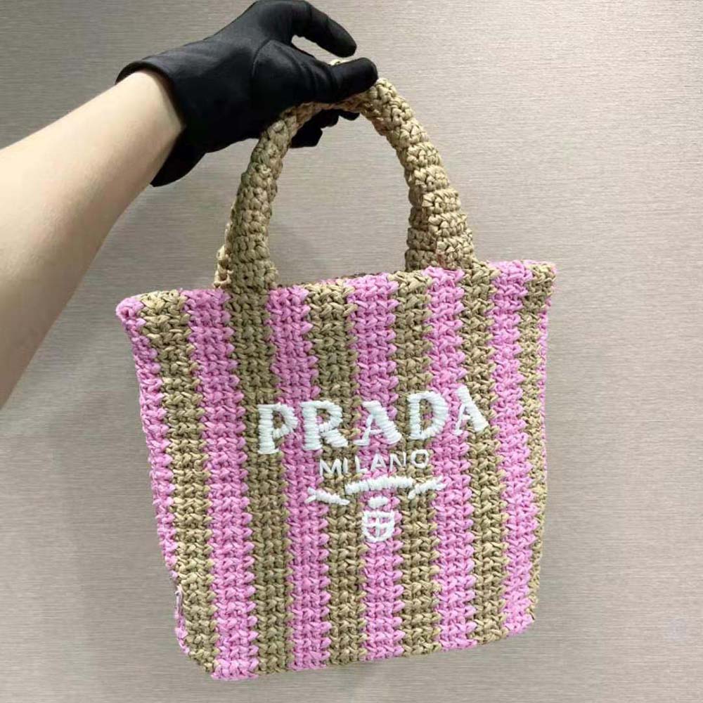 Prada Women Small Raffia Tote Bag with Embroidered Lettering Logo on the Front-Pink 2 Prada Women Small Raffia Tote Bag with Embroidered Lettering Logo on the Front-Pink - Image 2