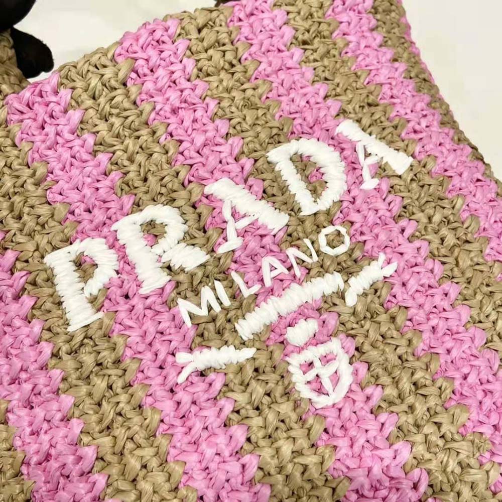 Prada Women Small Raffia Tote Bag with Embroidered Lettering Logo on the Front-Pink 8 Prada Women Small Raffia Tote Bag with Embroidered Lettering Logo on the Front-Pink - Image 8