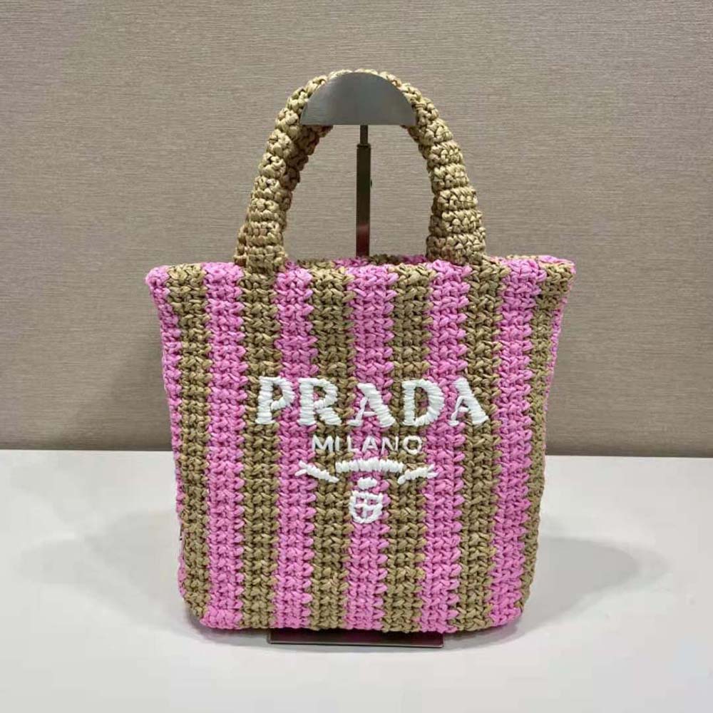Prada Women Small Raffia Tote Bag with Embroidered Lettering Logo on the Front-Pink 3 Prada Women Small Raffia Tote Bag with Embroidered Lettering Logo on the Front-Pink - Image 3