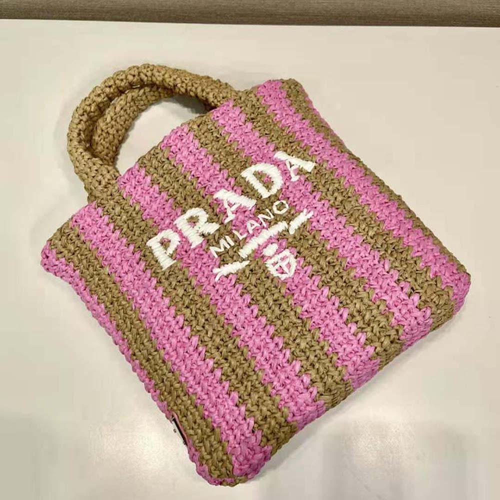 Prada Women Small Raffia Tote Bag with Embroidered Lettering Logo on the Front-Pink 5 Prada Women Small Raffia Tote Bag with Embroidered Lettering Logo on the Front-Pink - Image 5