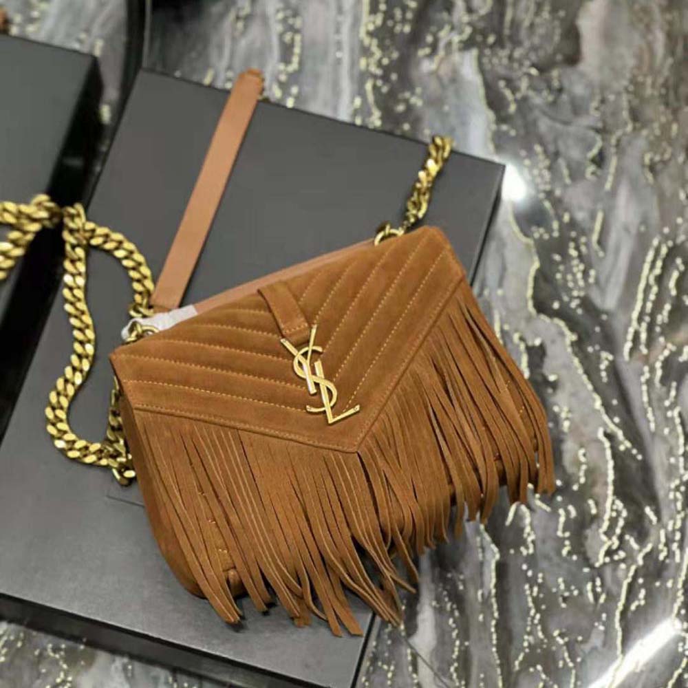 YSL College Medium Chain Bag In Light Suede With Fringes – ZAK BAGS ©️