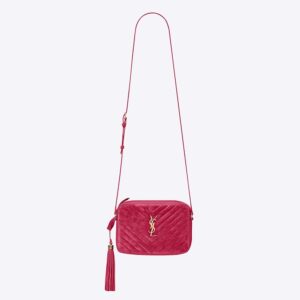 Saint Laurent YSL Women Lou Camera Bag in Quilted Suede and Smooth Leather-Pink