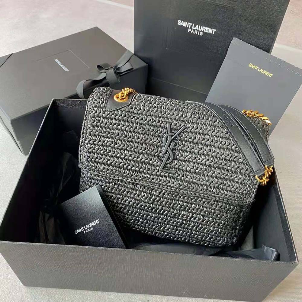 Saint Laurent YSL Women Niki Medium Chain Bag in Raffia and Leather-Black 2 Saint Laurent YSL Women Niki Medium Chain Bag in Raffia and Leather-Black - Image 2