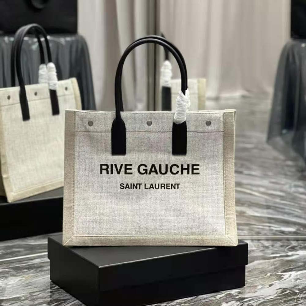 Saint Laurent Rive Gauche Small Tote Bag In Linen And Leather