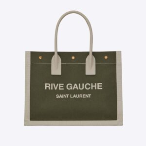 Saint Laurent YSL Women Rive Gauche Small Tote Bag in Linen and Leather-Green