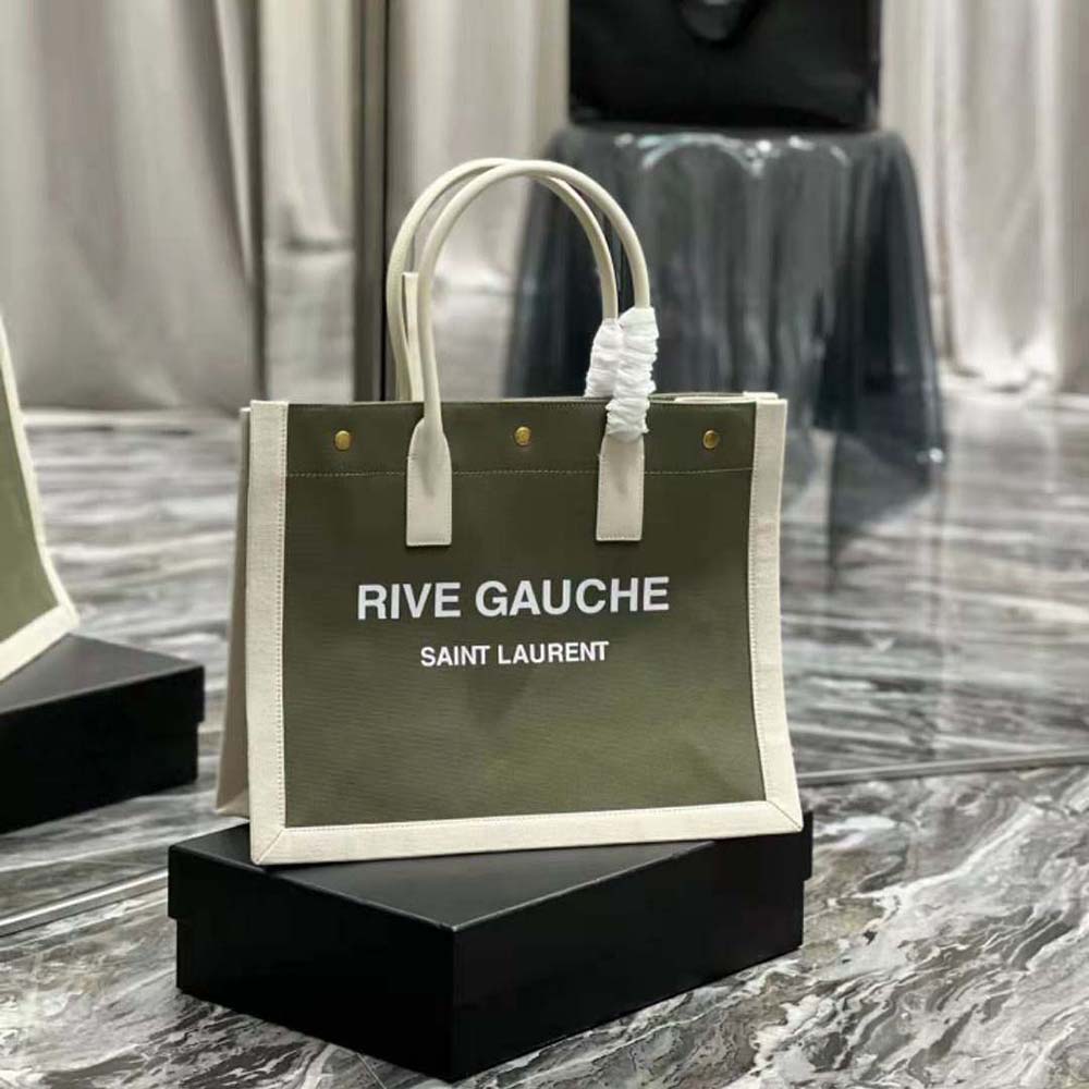 Saint Laurent YSL Women Rive Gauche Small Tote Bag in Linen and
