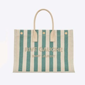 Saint Laurent YSL Women Rive Gauche Tote Bag in Striped Canvas and Smooth Leather
