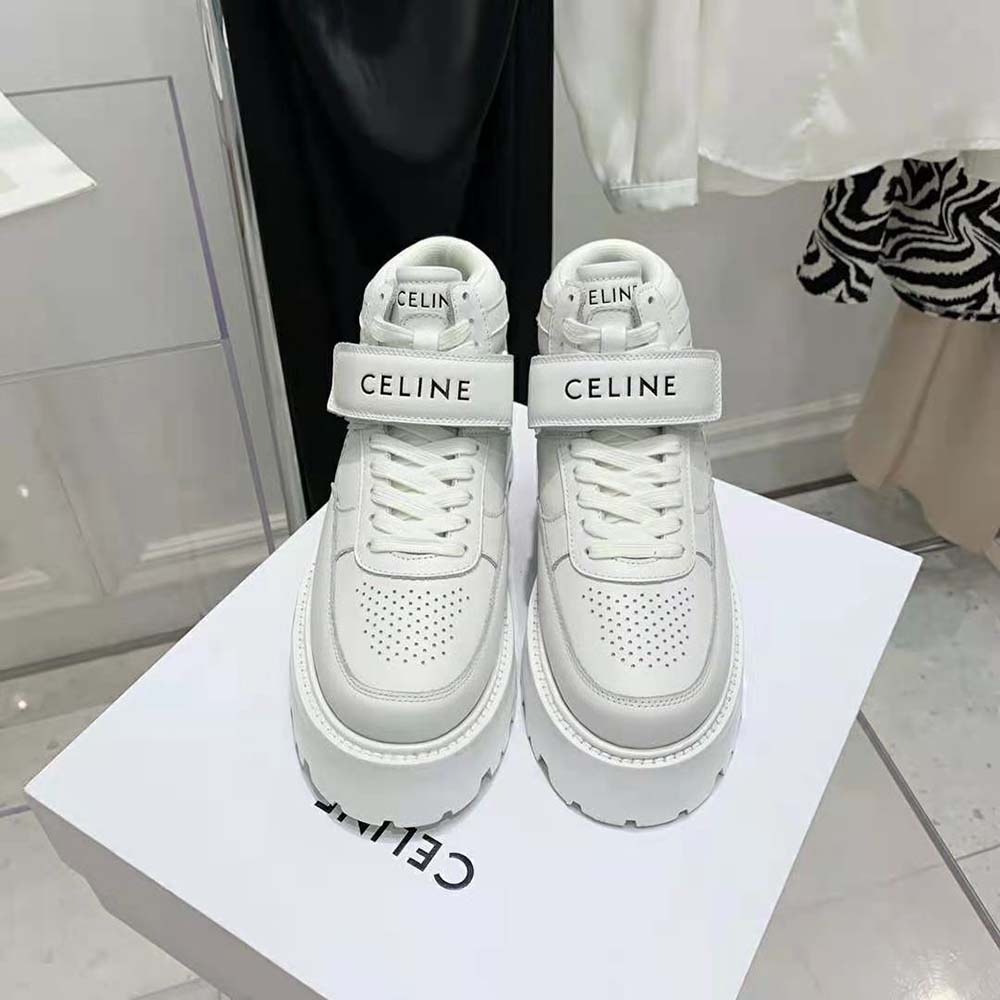 Celine Unisex Bulky Trainer High Sneaker with Velcro in Calfskin-White