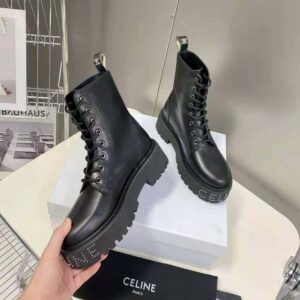 Celine Women Lace-up Boot with Studded Outsole Celine Bulky in Shiny Bull -Black