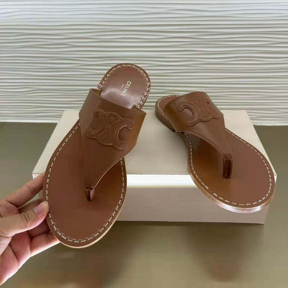 Celine Women Triomphe Flat Thong in Calfskin-Tan 5 Celine Women Triomphe Flat Thong in Calfskin-Tan - Image 5
