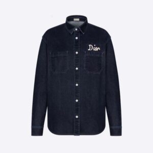 Dior Men Overshirt Navy Blue Flocked Technical Cotton Denim