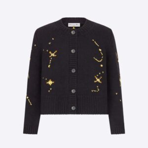 Dior Women Cardigan Black Wool and Cashmere Knit with Dior Pixel Zodiac Motif