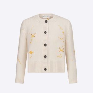 Dior Women Cardigan Ecru Wool and Cashmere Knit with Dior Pixel Zodiac Motif