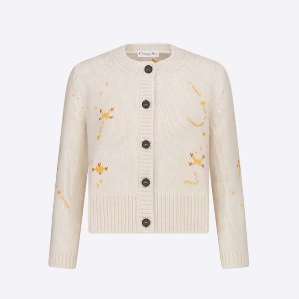 Dior Women Cardigan Ecru Wool And Cashmere Knit With Dior Pixel Zodiac 