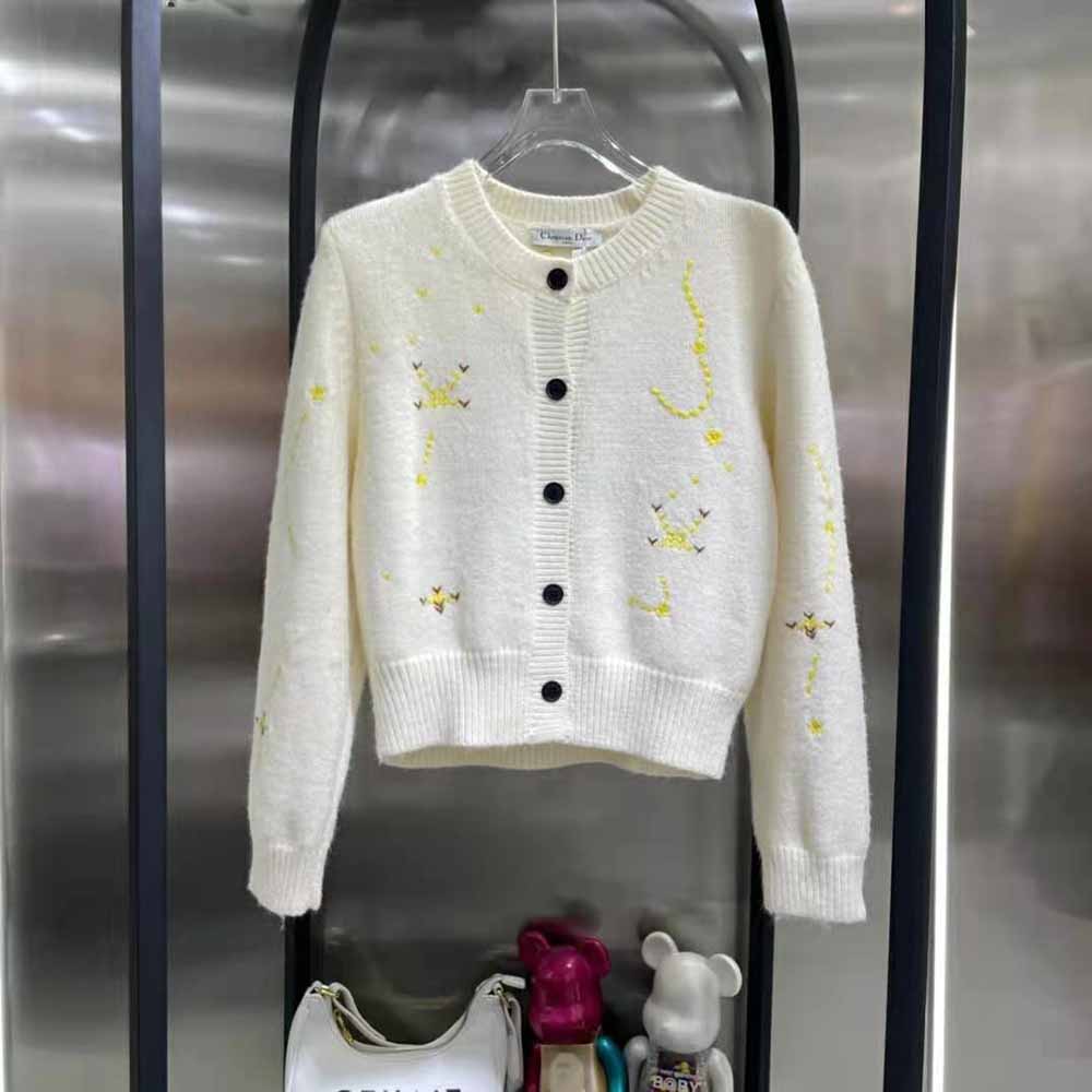 Dior Women Cardigan Ecru Wool and Cashmere Knit with Dior Pixel