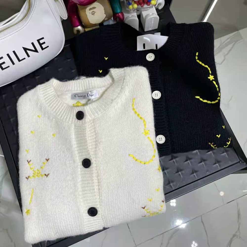 Dior Women Cardigan Ecru Wool and Cashmere Knit with Dior Pixel