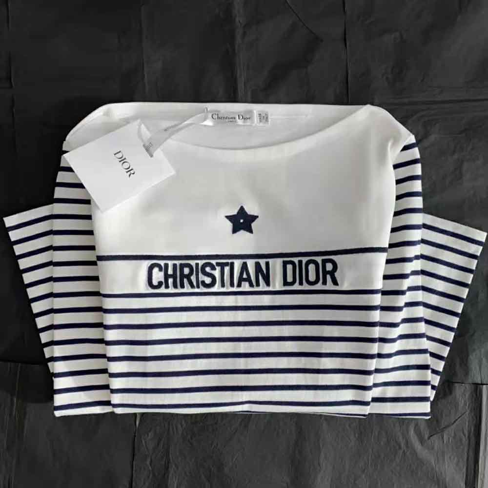 Dior - T-Shirt White and Navy Blue Cotton Jersey - Size L - Women